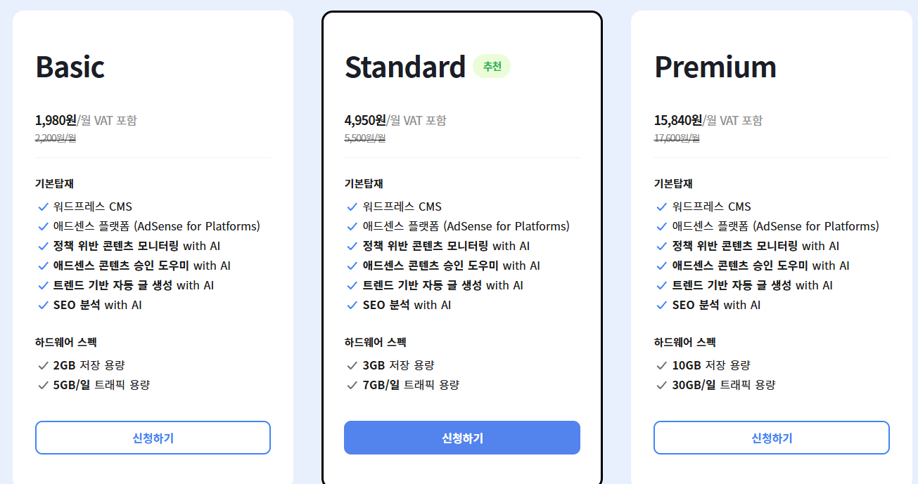 카페24 워드프레스 전용 요금제: Basic 월 1,980원, Standard 월 4,950원, Premium 월 15,840원(VAT 포함)